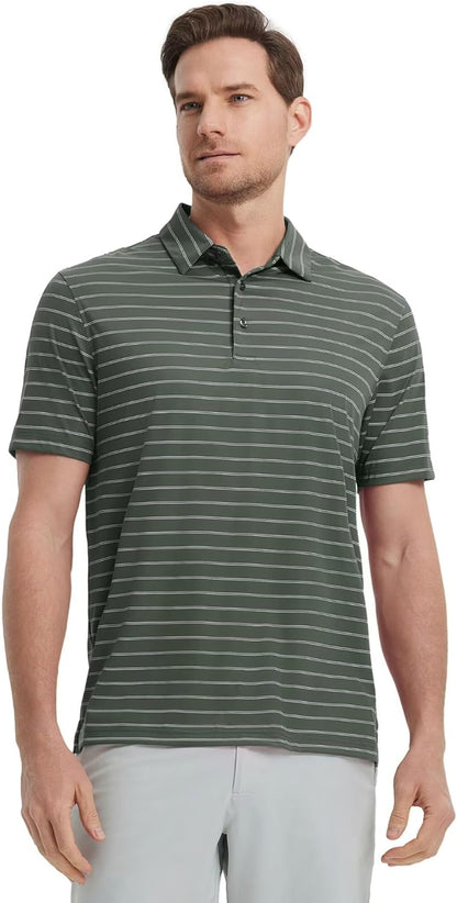 M MAELREG Mens Striped Golf Shirts Short Sleeve Silk-Like Touch Water-Resistant Breathable Soft Collared Polo Shirts for Men