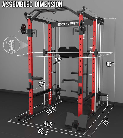 Eonfit E5 Smith Machine with Vertical Leg Press, Power Cage Squat Rack with LAT-Pull Down Cable Crossover Rotating Arms System Home Gym Equipment All in One (E5 RED)