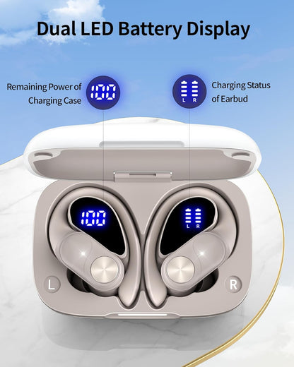 PocBuds Bluetooth Headphones Wireless Earbuds 80hrs Playtime Wireless Charging Case Digital Display Sport Ear Buds with Earhook Deep Bass IPX7 Waterproof Over-Ear Earphones for Phone Laptop Beige