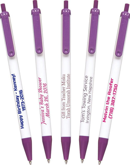 USA Made, Personalized Writing Ink Ballpoint Novelty Pens, Custom Printed with Your Logo & Text (Pack of 500 White Pens with Purple Trim)