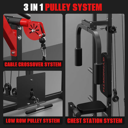 Smith Machine, Power Rack with LAT Pulldown System, Power Cage with Cable System, Squat Rack for Home Gym with Chest Press Machine, Spotter Arms, Leg Curl Attachment and More