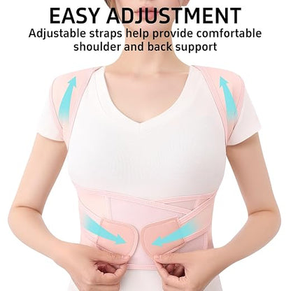 Posture Corrector for Women and Men Plus Size Full Back Support Brace Straightener Scoliosis Spine Upper Back Pain Relief Adjustable Shoulder Instant Posture Corrector with Hunchback (Pink, X-Large)