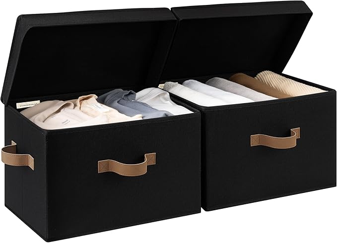 StorageWorks Fabric Storage Bins with Lid, Decorative Storage Boxes for Shelves, Stackable Closet Organizer Basket with Handles, Large, Black, 2-Pack