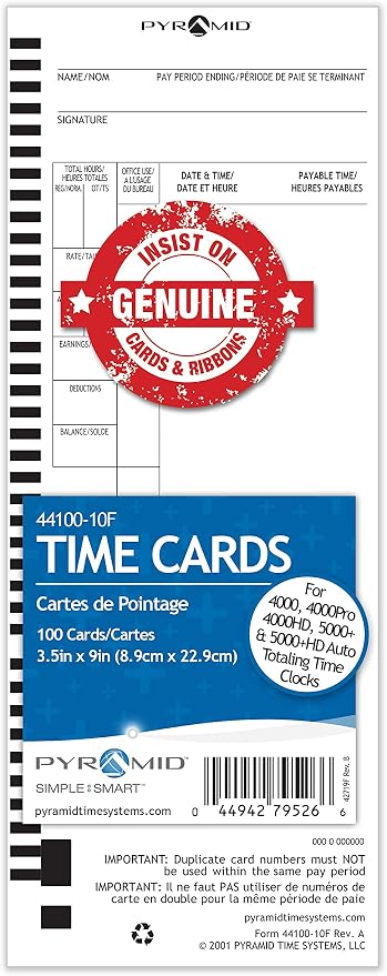 Pyramid Time Systems 44100-10F English and French Time Cards - 100 Pack