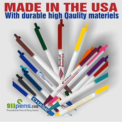 911PENS USA Made, Personalized Writing Ink Ballpoint Novelty Pens, Custom Printed with Your Logo & Text (Pack of 50 White Pens with Dark Blue Trim)
