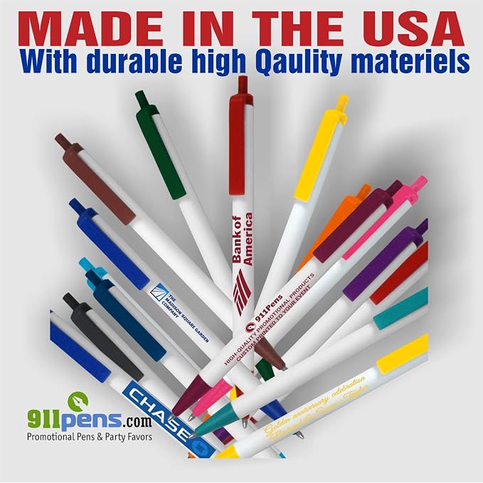 USA Made, Personalized Writing Ink Ballpoint Novelty Pens, Custom Printed with Your Logo & Text (Pack of 500 White Pens with Pink Trim)