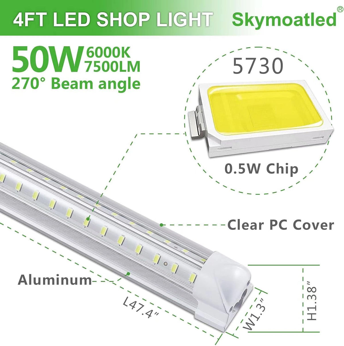 8Pack 4FT LED Shop Light Garage Lights,50W 6000K 7500LM White Light,Hanging/Surface Mount,T8 4FT Tube Lamp for Warehouse Workshop Basement,Linkable LED Shop Lights,Plug and Play