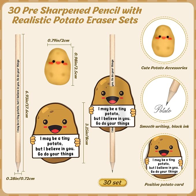 Jetec 30 Sets Inspirational Potato Pencil with Erasers and Thank You Card