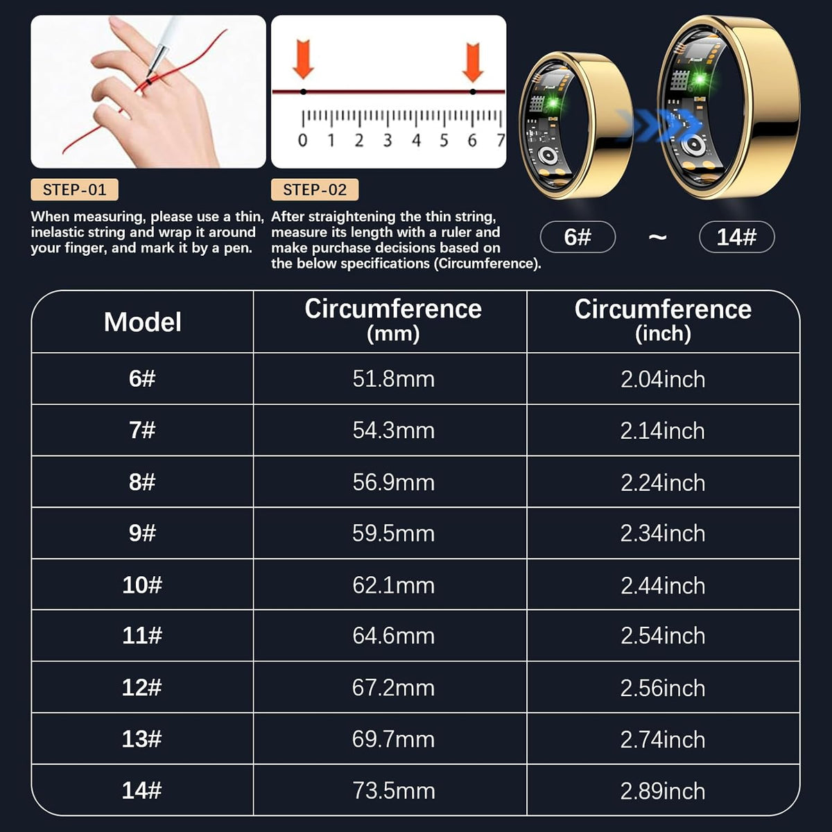 Ring Health Tracker for Women Men, Fit Ring with Heart Rate, Blood Oxygen, Sleep Monitor, Calories, Step Counter, IP68 Waterproof Smart Ring for iPhone & Android, No Subscription Fee (Gold, 6#)