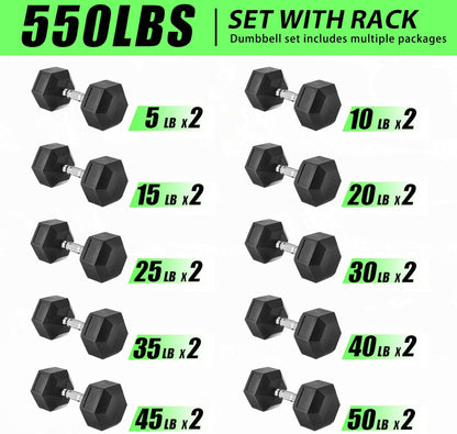 350/450/550 lbs Hex Weight Dumbbells Sets with Rack Rubber Encased Dumbbell Free Weights Set for Home Gym Weight Rack with Dumbbells Set