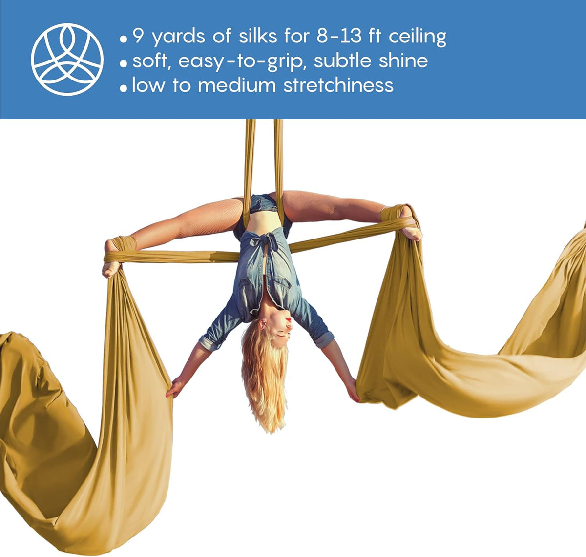 Aerial Silks Starter Kit - Durable 9 Yards of Aerial Yoga Hammock with Hardware & Guide - Aerial Swing for Acrobatic Flying Yoga & All Levels (Aerial Rigging Point Up to 13ft)