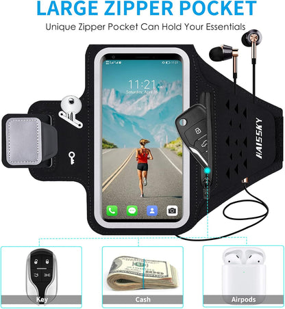 Running Armband with Earphone Bag Cell Phone Armband for iPhone 16 15 Pro 14 Plus 13 11 XR XS, Galaxy S24/S10 Water Resistant Sports Phone Holder Case & Zipper Slot Car Key Holder for 6.9 inch Phone