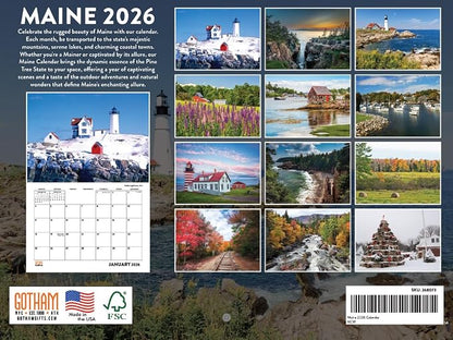 Maine Calendar 2026 Wall 12 Month Monthly ME Scenic Souvenirs Themed Gifts | American Made In The USA