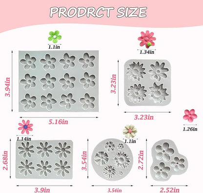 5Pcs Flower Molds Silicone Chocolate Mold Daisy Flower Fondant Polymer Clay Resin Mold Soap Ice Cube Jello Molds for Baking and Cake Cupcake Decorating (Gray Daisy Flower)