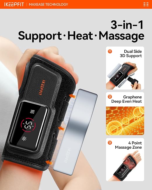 MAXease Cordless Heated Wrist Brace for Pain Relief, Warmer & Massager for Carpal Tunnel & Arthritis, Wrist Heating Pad with Splint for Hand Joint & Night Support, FSA&HSA, Size M, Left
