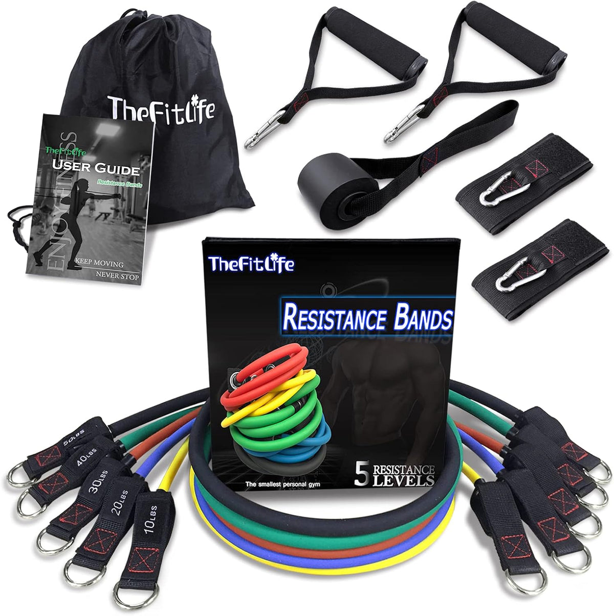 TheFitLife Resistance Bands with Handles - Designed for American Body Types, Exercise Workout Tubes for Men, Women, Includes Large Handles, Ankle Straps, Door Anchor, Fitness Levels