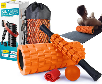 5 in 1 Foam Roller Set for Deep Tissue Muscle Massage, Trigger Point Fitness Exercise Foam Roller, Massage Roller, Massage Ball, Stretching Strap, for Whole Body (Orange Black)