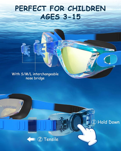 Kids Swim Goggles, Swimming Goggles for Kids Toddlers 3-14 with Swim Cap, Nose Clip, Nose Bridge, Ear Plugs