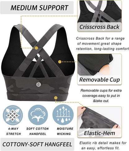 RUNNING GIRL Sports Bra for Women, Criss-Cross Back Padded Strappy Sports Bras Medium Support Yoga Bra with Removable Cups