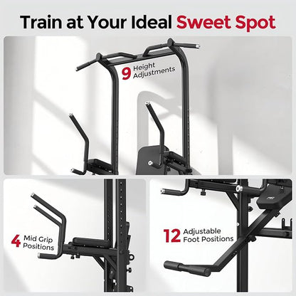 Heavy Duty Power Tower, Light Commercial Grade Steel Frame, 800 LBS Weight Capacity, Multi-Function Pull Up Bar & Dip Station with Crunch Leg Raise, Home Gym Gear for Back and Core Workout