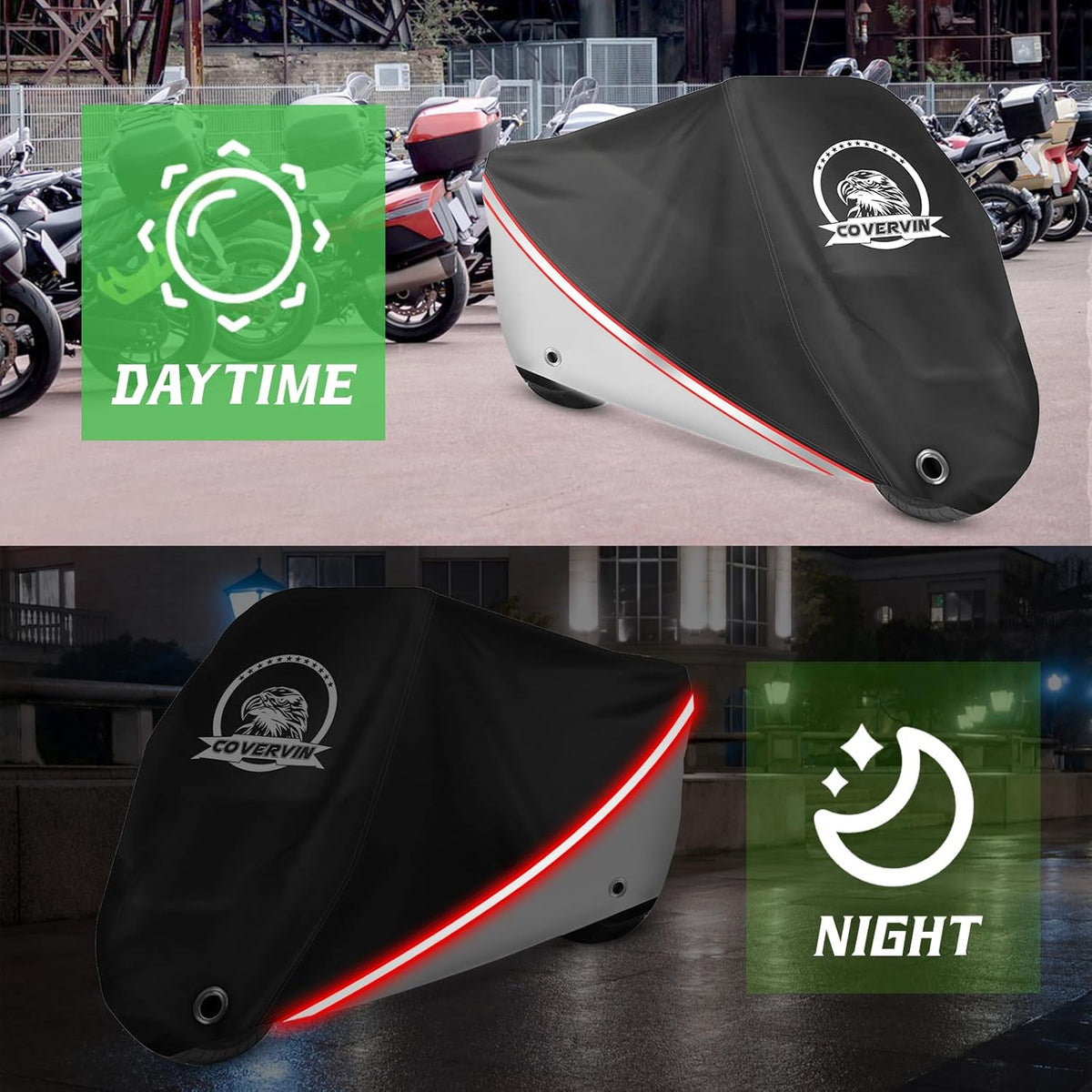 COVERVIN Motorcycle Cover, All Weather Outdoor Waterproof Night Protection with Reflective Strips, Locking Holes and Storage Bag for 86 Inch Suzuki, Kawasaki, Honda, Harley-Davidson(Silver M)