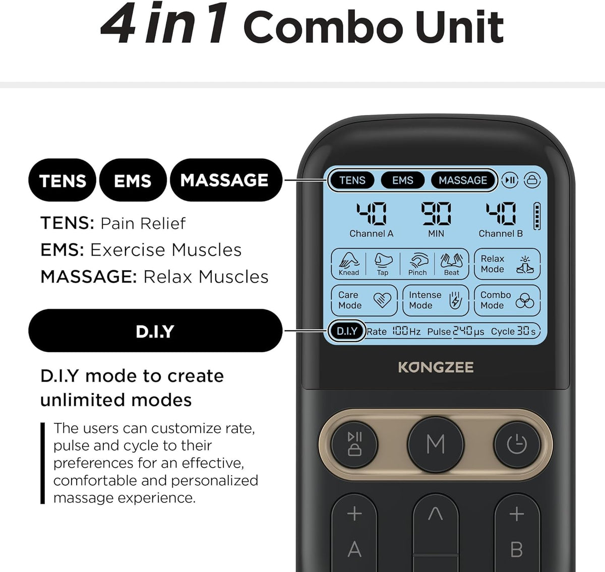 4 in 1 - D.I.Y & Tens Unit & EMS & Massage Muscle Stimulator, Dual Channel TENS Units Therapy Machine for Pain Relief, FDA Cleared Rechargeable Electronic Pulse Massager,with 12pcs Electrode Pads