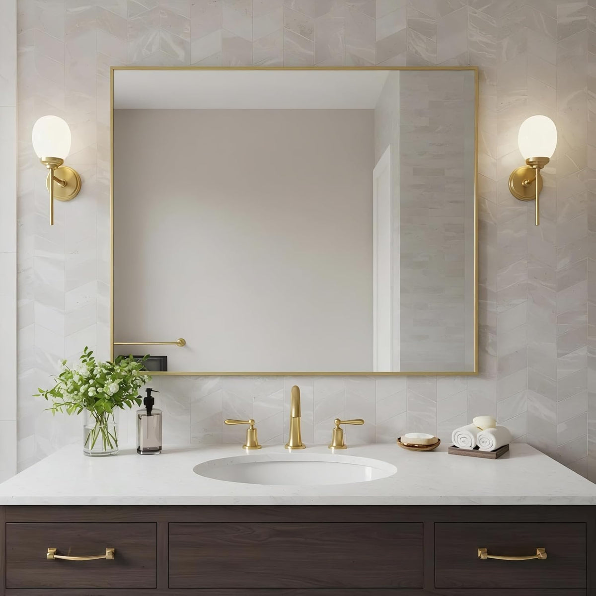 24x32 Inch Brass Bathroom Mirror for Wall, Aluminum Frame Rectangle Rectangular Vanity Mirror, Modern Large for Bedroom, Living Room, Horizontal or Vertical