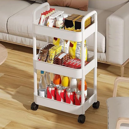 EZ COZY 3 Tier Rolling Cart, Plastic Diaper Cart Organizer with Wheels, Roller Cart for Diapers, Baby Nursery, Kitchen, Bathroom, Living Room and Bedside, White