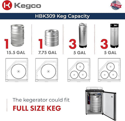 Kegco HBK309S-3 Full-Size Digital Homebrew Kegerator Triple Faucet Ball Lock Keg Dispenser Stainless, Stainless Steel
