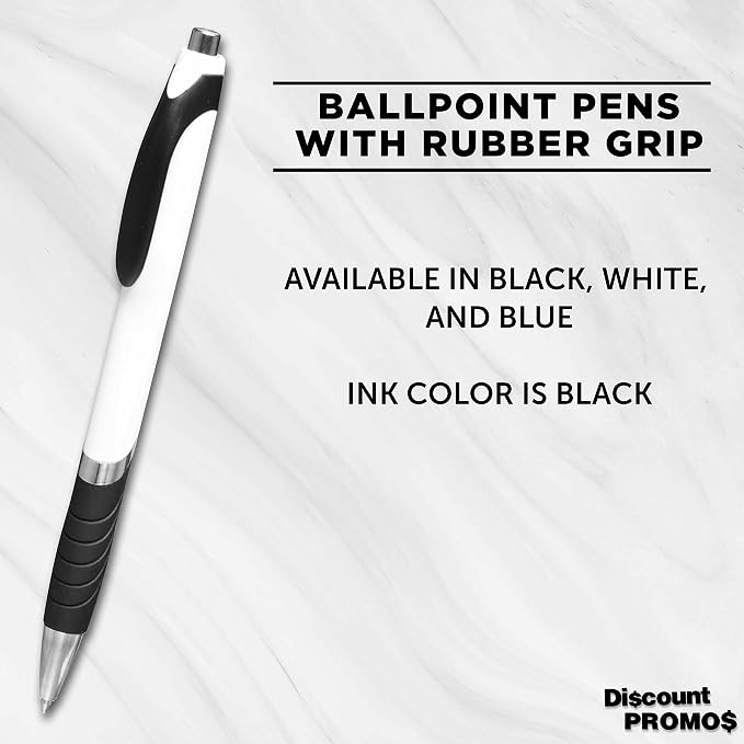 DISCOUNT PROMOS Ballpoint Pens With Rubber Grip - 10 pack - Black Ink Ball Point Pen with Soft Touch Plastic - White