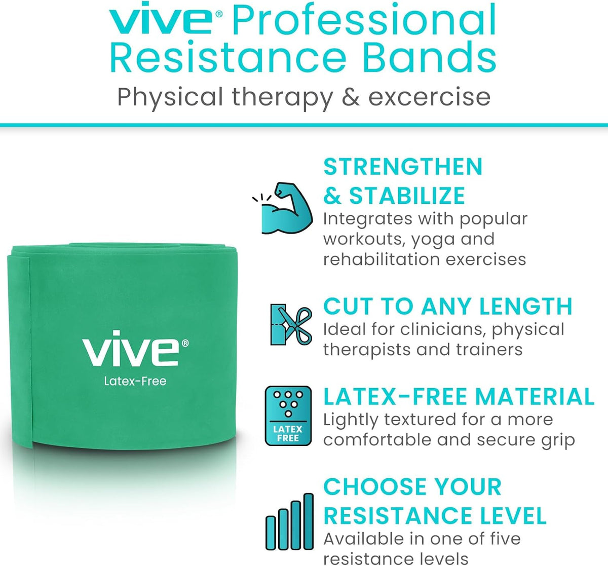 Vive Professional Resistance Bands - 25 Yard Non-Latex Roll for Physical Therapy, Lower and Upper Body Exercise Workout - Straight Elastic for Strength Training, Rehabilitation, Women, Men