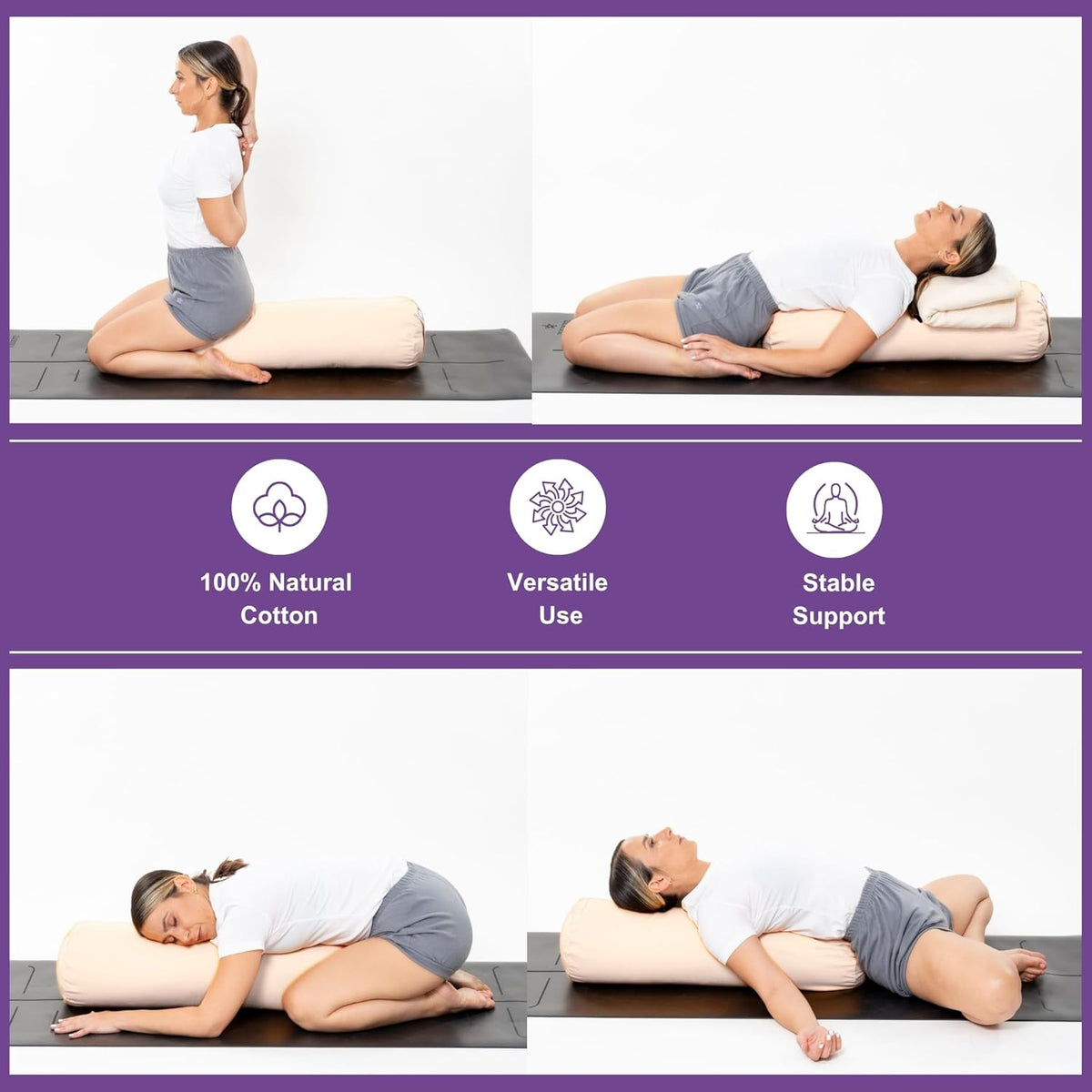 Yogikuti Iyengar Yoga Bolster Pillow for Restorative Yoga & Meditation Poses – 100% Cotton, Firm & Durable Cylindrical Cushion with Washable Cover, Perfect for Balance & Supportive Asanas (White)