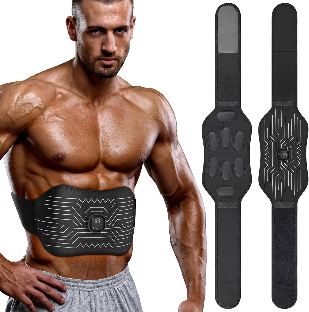 FDA Cleared - Abs Stimulator Muscle Toner, EMS Muscle Stimulator, Fitness Belt Ab Workout Equipment Black White