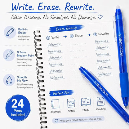Volcanics Blue Erasable Gel Pens, 0.7mm Retractable, 24 Pack