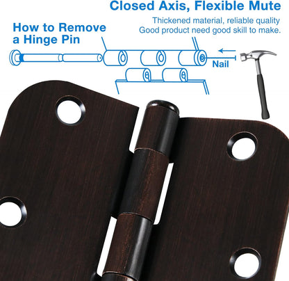 18 Pack Oil Rubbed Bronze Door Hinges 3.5" x 3 1/2 Inch Black Brushed Interior Hinge Rounded 5/8" Radius Corner 3 ½"Iron Residential Standard Bedroom Bifold Single Double Doors Hardware Kit