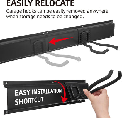 Sinoer Heavy Duty Steel Garage Wall Mount Garden Tool Organizer with 9 Adjustable Metal Hooks and 2 Straps, for Garden Tools, Chairs, Brooms, Mops, Rakes, Shovel