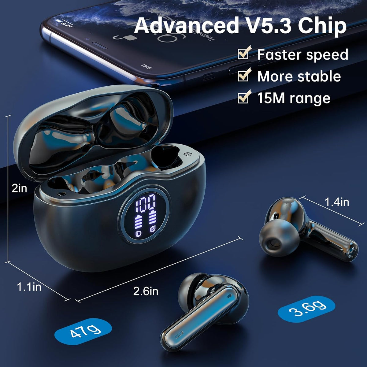 A10 Pro Wireless Earbuds, Bluetooth 5.3 Headphones HiFi Stereo 50H Playback LED Digital Display Ear Buds with ENC Noise Canceling Headset, IPX7 Waterproof Earphones for Gym/Running/Work