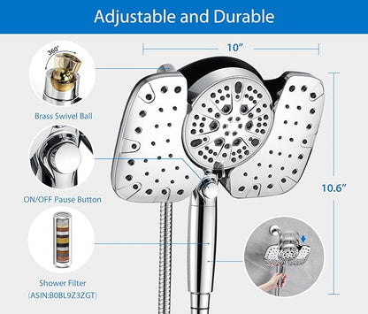 INAVAMZ 2-in-1 Shower Heads with Handheld Spray Combo: 10” Rainfall Shower Head & Hand Held Shower Head, 9 Spray Settings Detachable Shower Head with ON/OFF Switch and 15-Stage Filter