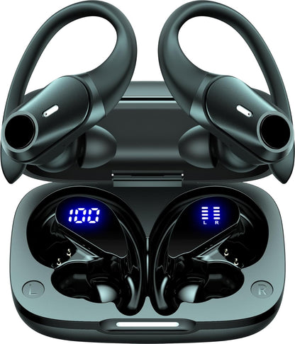 GOLREX Active Noise Cancelling Ear Buds Wireless Earbuds Bluetooth Headphones with 80H Playtime LED Display Wireless Charging Case, Over-Ear Hooks Earbud for Sports Running Gym Workout Black