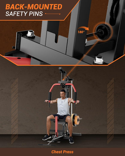 Multifunctional Home Gym Equipment with Lat Pulldown, Exercise Workout Station with Leg Press,Max 300LBS Capacity Home Gym Mahcine for Full Body Strength Training,Fit 1" & 2" Weight Plates(No Include)