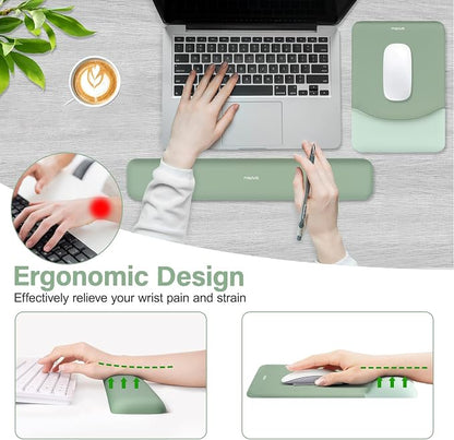 MOSISO Wrist Rest Support Mouse Pad & Keyboard Set, Green | Rectangular Ergonomic Mousepad, Non-Slip Base, Home/Office Pain Relief & Easy Typing, Neoprene Cloth & Raised Silicone Lining