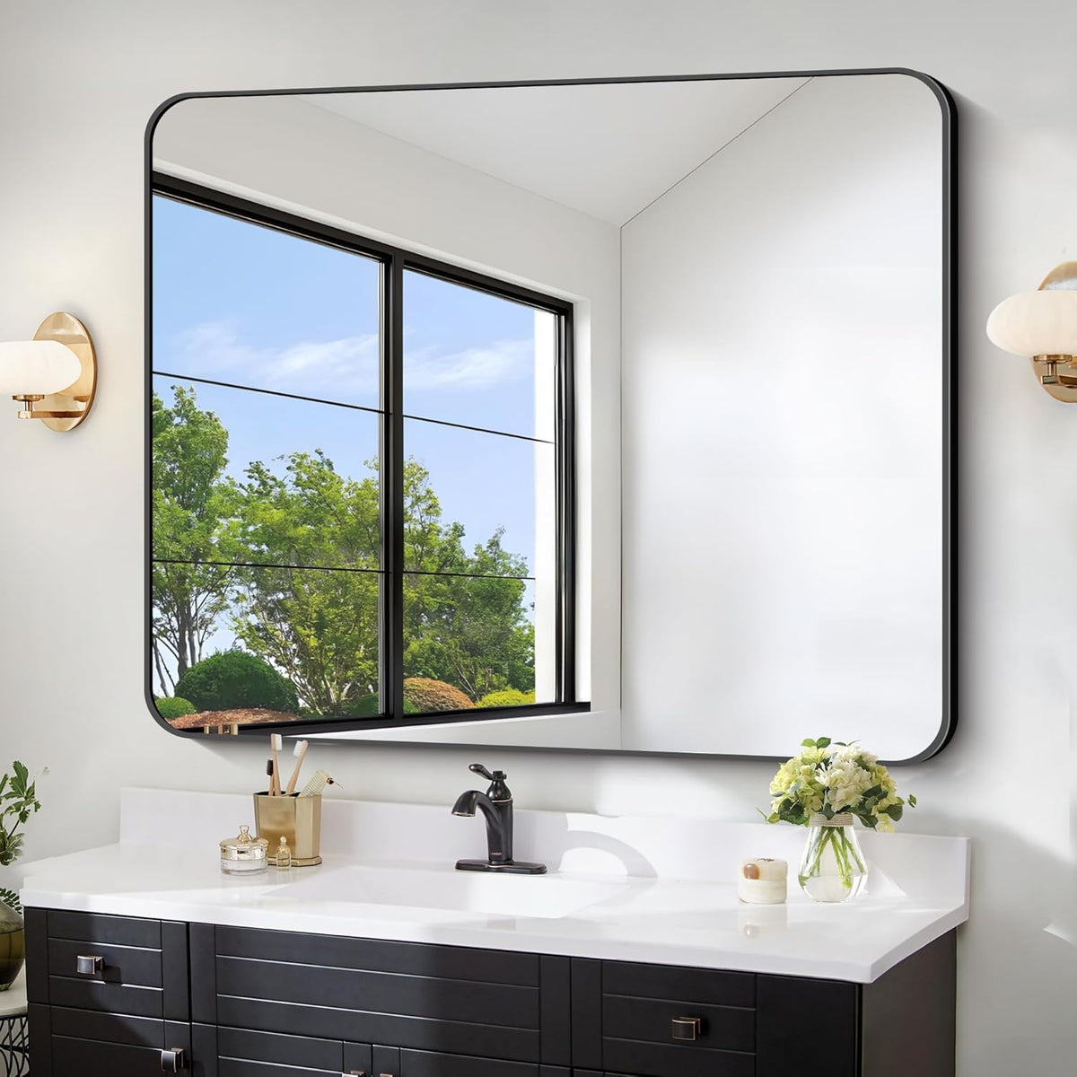 FORBATH Black Bathroom Mirror 40 x 48 Inch, Rectangular Vanity Mirror Wall Rounded Corner Metal Framed Bathroom Mirror for Living Room Bedroom Entryway Decor (Horizontal/Vertical)
