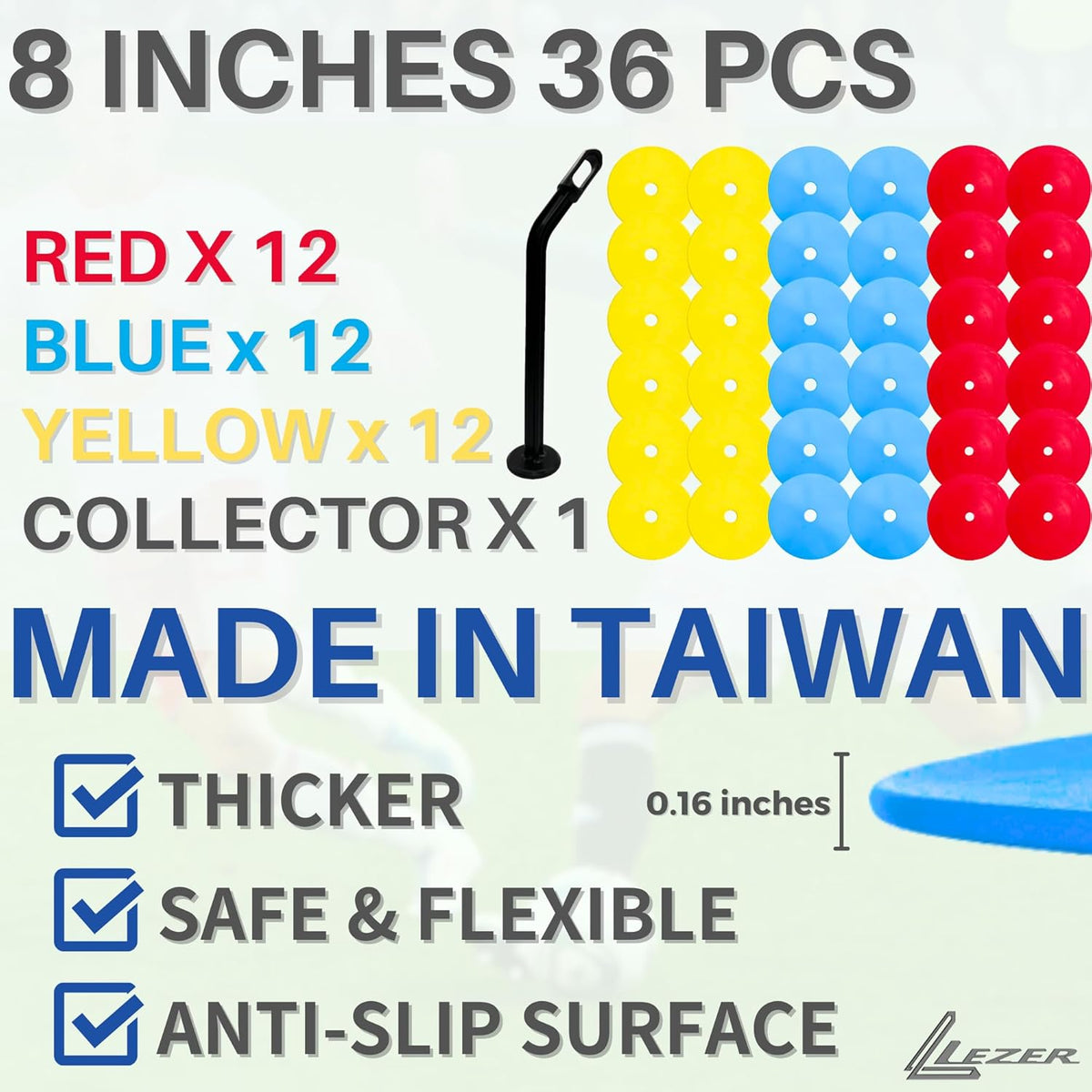 LEZER 6 Inch 8 Inch Flat Cones, Spot Markers, Soccer Cones, Field Court Markers, Sit Spots, Flat Discs, Soccer Training Equipment, Agility Practice, Football, Made in Taiwan