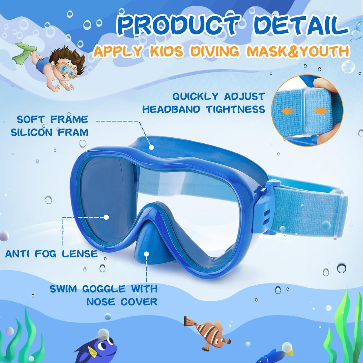 Kids Swim Goggles with Nose Cover, Anti-Leak Swim Mask with Elastic Fabric Strap, UV Protection Swimming Goggles for Kids