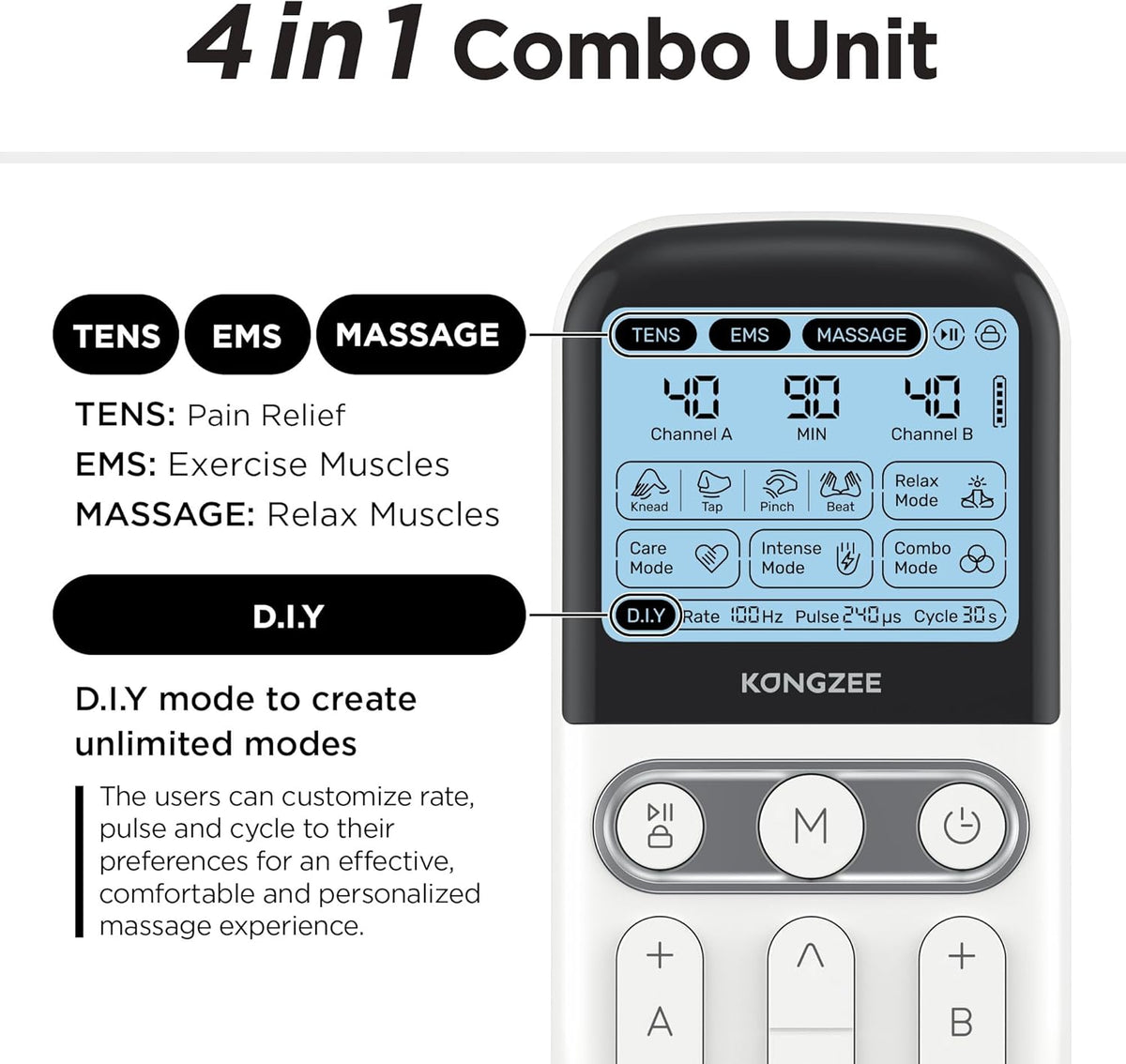 4 in 1 - D.I.Y & Tens Unit & EMS & Massage Muscle Stimulator, Dual Channel TENS Units Therapy Machine for Pain Relief, FDA Cleared Rechargeable Electronic Pulse Massager, with 12pcs Electrode Pads.