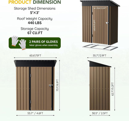 Breezz 5x3FT Vertical Outdoor Steel Storage Shed with Floor Frame, Lockable Doors, Compact Metal Tool Shed for Garden, Backyard, Patio, Utility, and Bike Storage,Brown