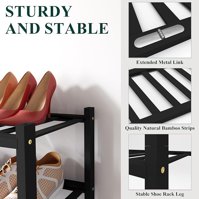 Smiry Long Bamboo Shoe Rack, 3 Tier Free Standing Wooden Shoe Organizer, Stackable Wood Shoe Storage Shelf for Closet, Entryway, 12 Vertical Slats, 2+1 Stack Standard Legs, 33.7"x11"x19.5", Black