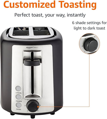 Amazon Basics 2 Slice Toaster, With 6 Browning Settings, Extra Wide Slots For Bagels and Special Breads, Removable Easy-to-Clean Crumb Tray, Cancel/Defrost/Bagel Buttons, 900W, Black & Silver
