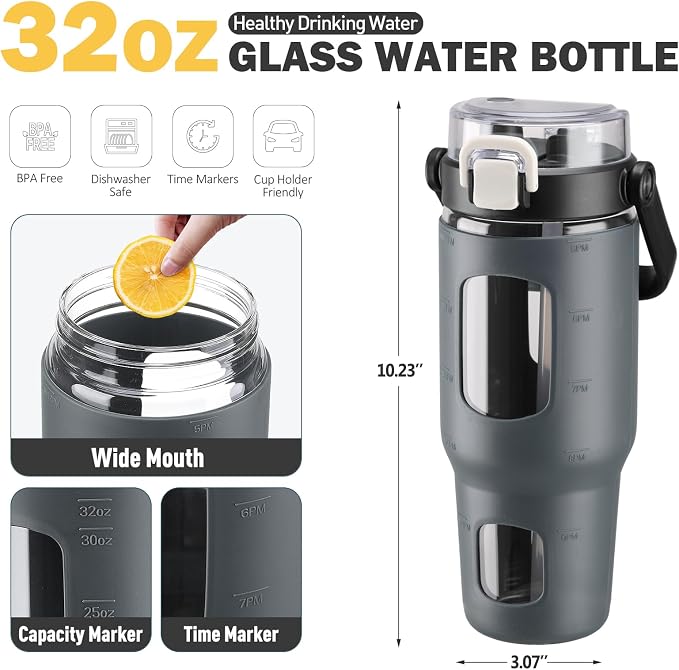 BLUEGO 32oz Glass Water Bottles with Straw Time Marker Half Gallon Large Motivational Water Bottle with Silicone Sleeve 2 Liter Large Glass Water Jug for Gym, Sports& Workout, Daily, Dark Grey