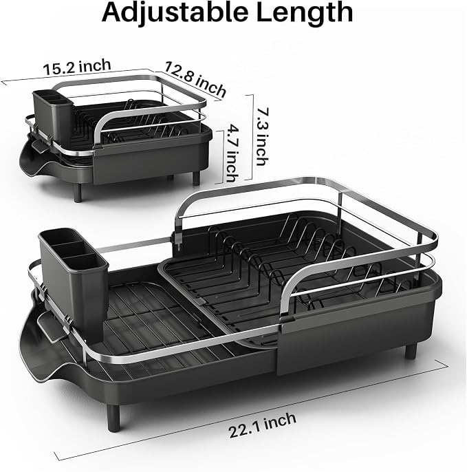 SNTD Dish Drying Rack, Expandable Dish Rack for Kitchen Counter, Stainless Steel Dish Drainer with Drainboard Set and Utensil Holder (Black)